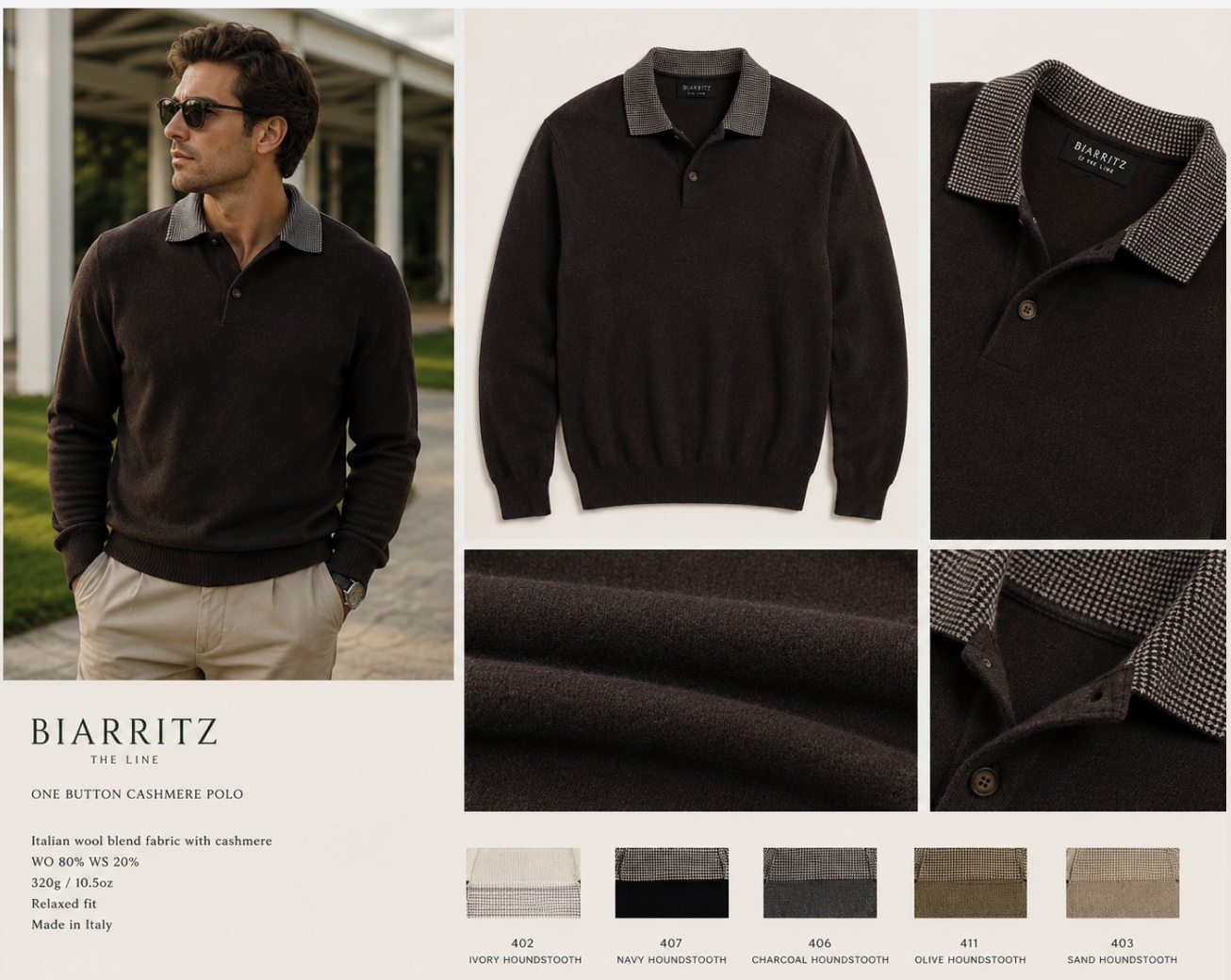 Biarritz one-button cashmere polo study with houndstooth collar, fabric texture, and seasonal color swatches