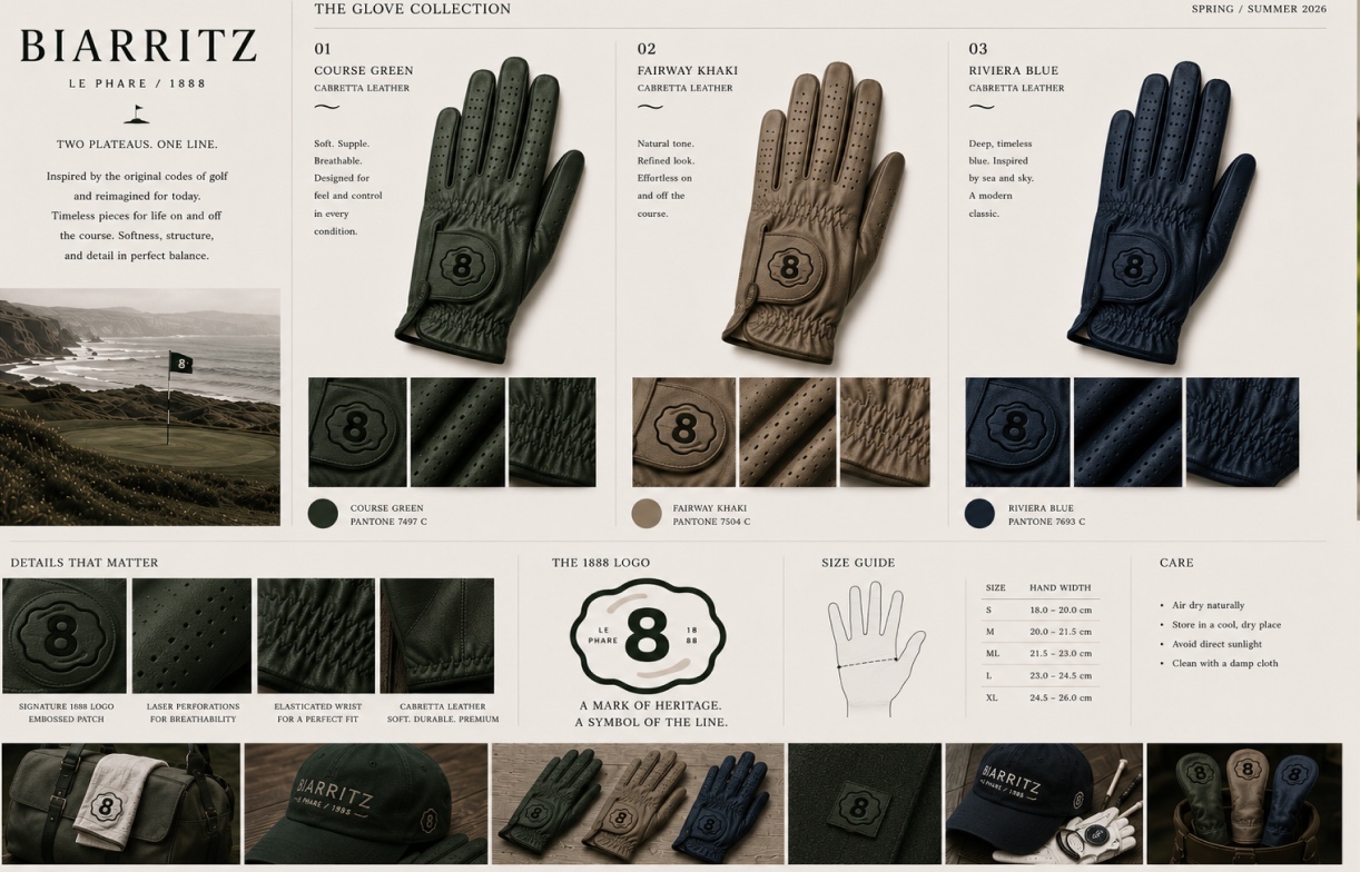 Biarritz glove collection study showing Course Green, Fairway Khaki, and Riviera Blue cabretta leather gloves with detail crops