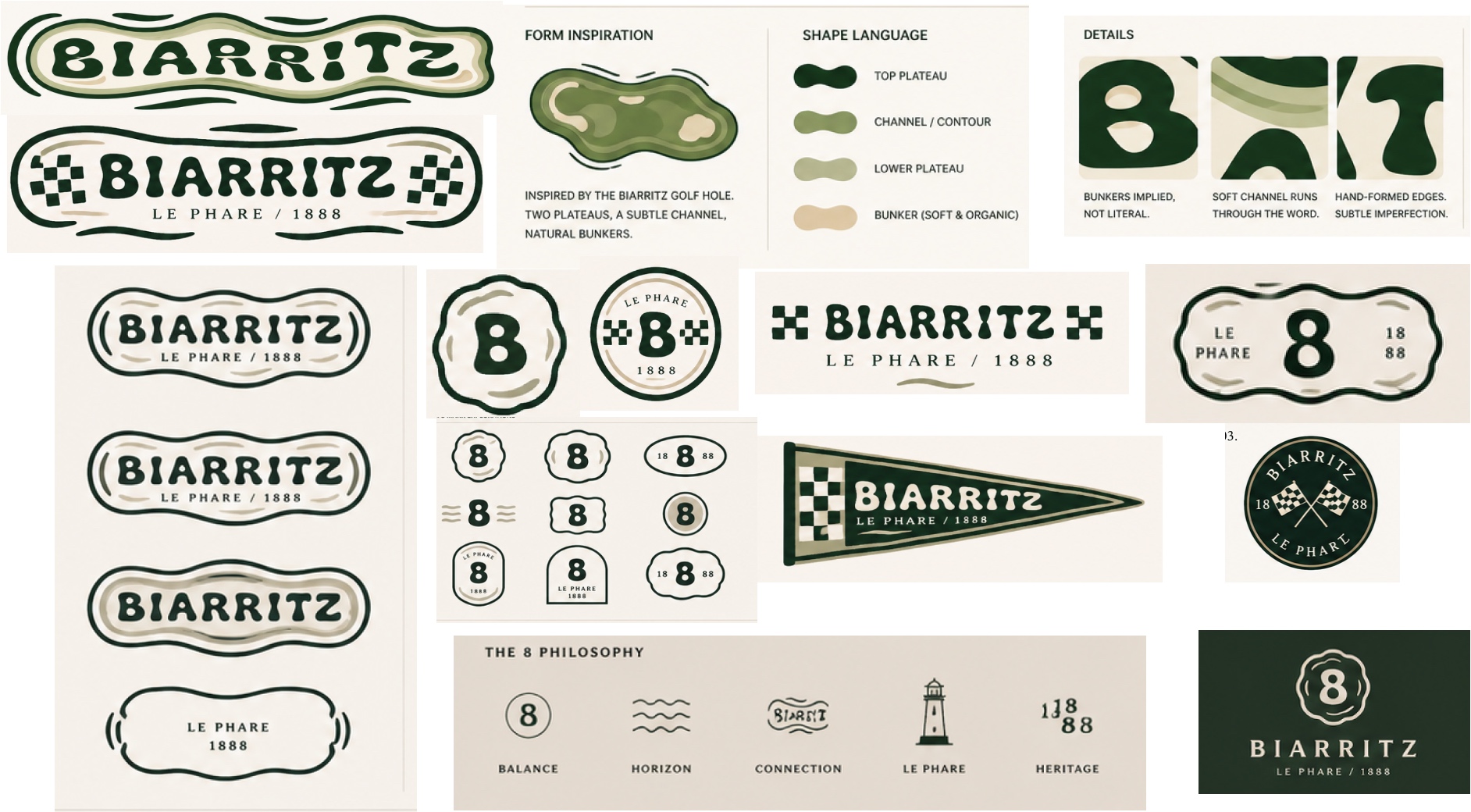 Biarritz identity system study with scalloped logos, number 8 mark, pennant, and form inspiration from the golf hole